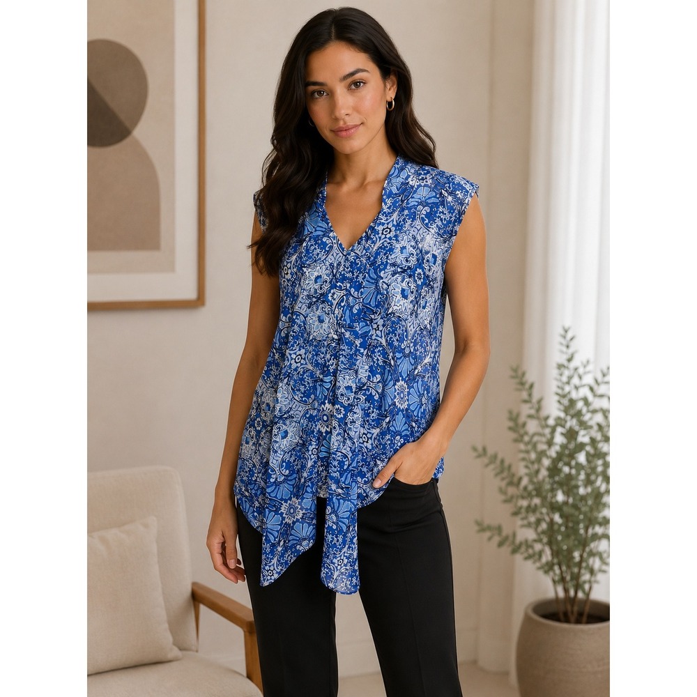 Roz‎ & Ali Womens Blue Paisley Draped Front Sleeveless Blouse V-Neck Top Medium
